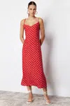 Trendyol Red Polka Dot A-Cut Back Tie Detailed Midi Woven Dress