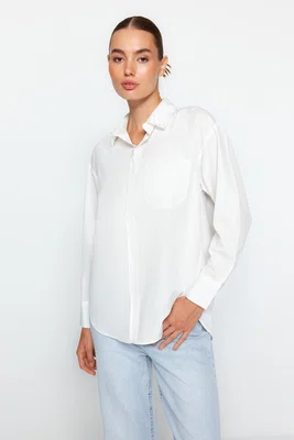 Trendyol oversized/široká tkaná košile s perlami na límci v barvě ecru