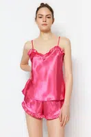 Trendyol Fuchsia Frilled Rope Strap Satin Shorts Woven Pajama Set