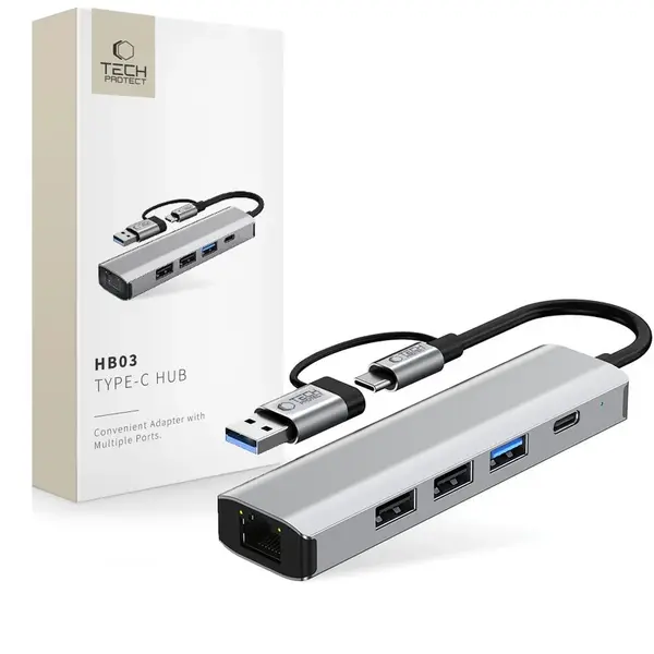 Tech-Protect HB03 HUB adaptér USB-C + USB - 3x USB / USB-C / RJ45, šedý