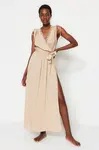 Trendyol béžové maxi plážové šaty s páskem a krajkou