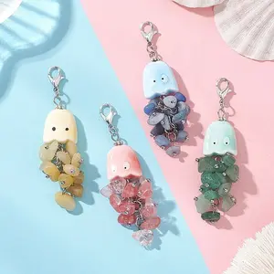 4Pcs Natural Gemstone Chips & Handmade Porcelain Octopus Pendant Decorations