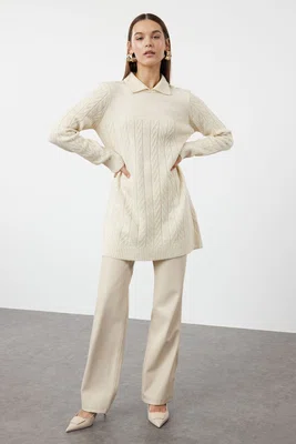 Trendyol Stone Soft Textured Knitwear Zigzag Patterned Sweater