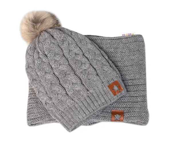 BABY NELLYS Zimná dvojvrstvová čiapka s brmbolcom + komínček Star, sivá