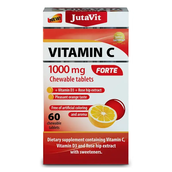 JUTAVIT Vitamín C 1000 mg forte + vitamín D3 2000IU + extrakt ze šípků 25 mg 60 žvýkacích tablet