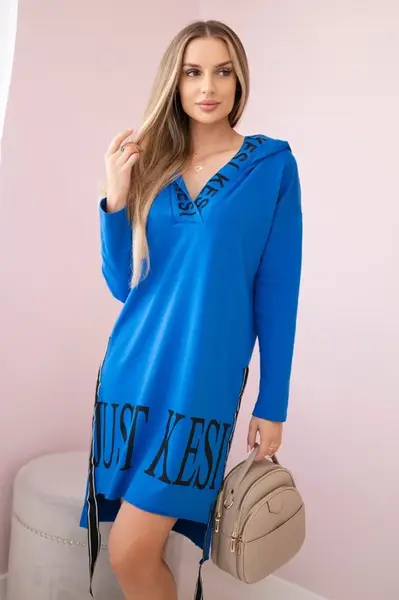 Hooded dress with a purple-blue print