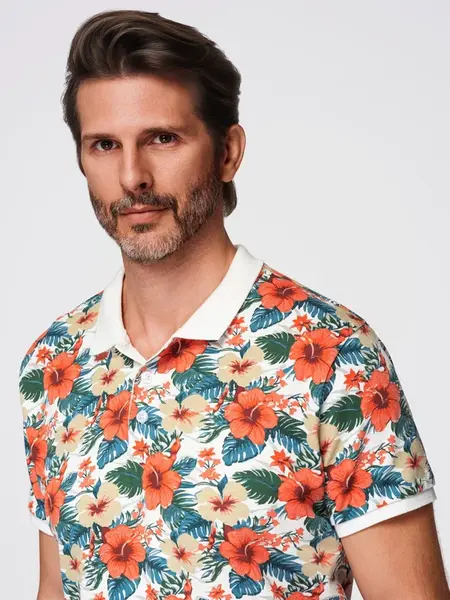 Ombre Cotton polo shirt with floral print - white