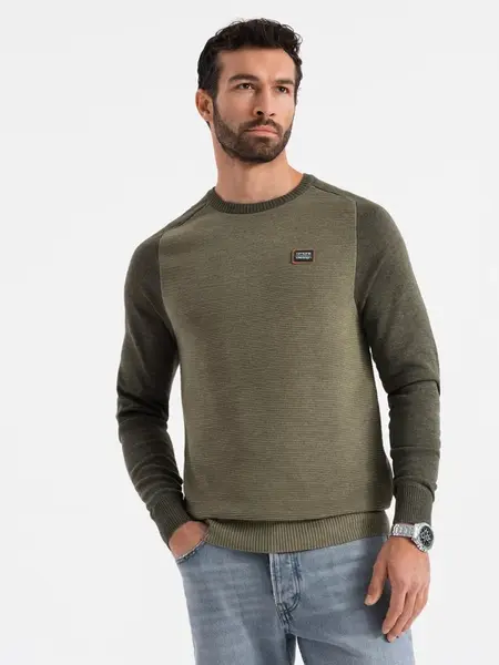 Ombre Cotton men's sweater with patch and raglan sleeves - olive