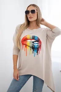 Oversize blouse with beige rainbow lip print