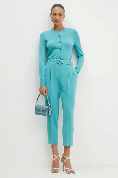 Kalhoty BOSS Tapiah dámské, tyrkysová barva, jednoduché, high waist