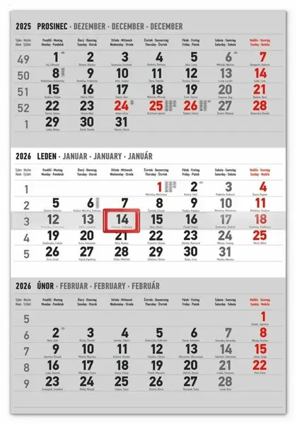 Nástěnný kalendář 3měsíční standard šedý - s českými jmény 2026 (poškozená)