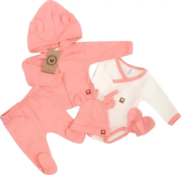 Sada do pôrodnice 5D, body, polodupačky, kabátik, čiapočka, rukavičky - marhuľa, veľ.62