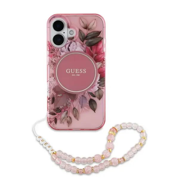 Zadní kryt Guess IML Flowers Strap MagSafe pro Apple iPhone 16 Plus, růžová