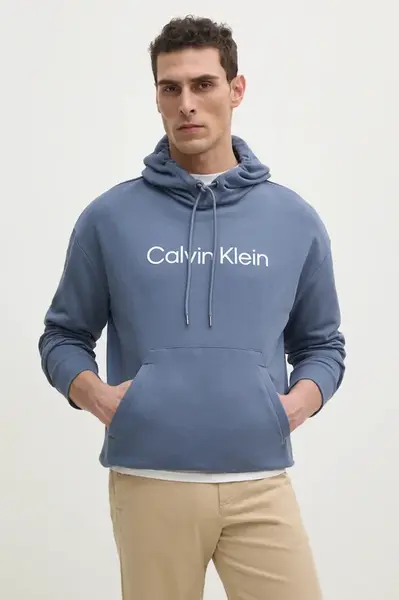 Bavlněná mikina Calvin Klein pánská, béžová barva, s kapucí, s aplikací, K10K111345