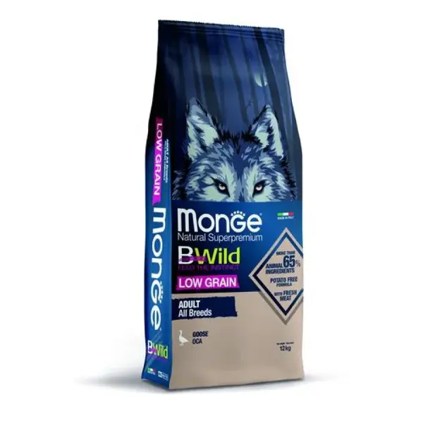 MONGE Bwild Low Grain Adult 12kg kompletné krmivo pre dospelých psov s husacím mäsom a so znížením množstvom obilnín