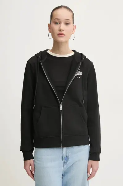 Bavlněná mikina Guess Jeans dámská, černá barva, s kapucí, s potiskem, W5RQ21 K68I4