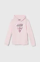 Dětská bavlněná mikina Guess růžová barva, s kapucí, s potiskem, J83Q14 KAUG0