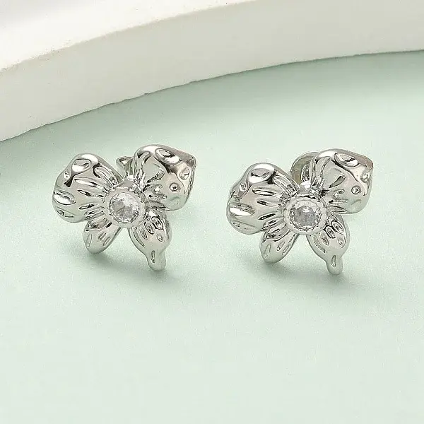 Brass Micro Pave Clear Cubic Zirconia Bowknot Stud Earrings
