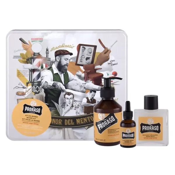 PRORASO Wood & Spice Šampon na vousy 200 ml + balzám na vousy 100 ml + olej na vousy 30 ml + plechová dóza 30 ml