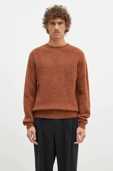 Vlněný svetr Norse Projects Birnir Brushed Lambswool pánský, hnědá barva, N45.0520.4001