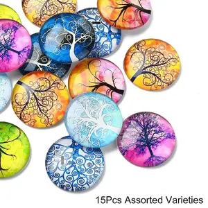 15Pcs Half Round with Tree Pattern Glass Flatback Cabochons for DIY Projects