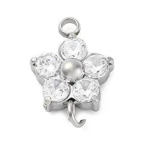 304 Stainless Steel Micro Pave Cubic Zirconia Flower Connector Charms