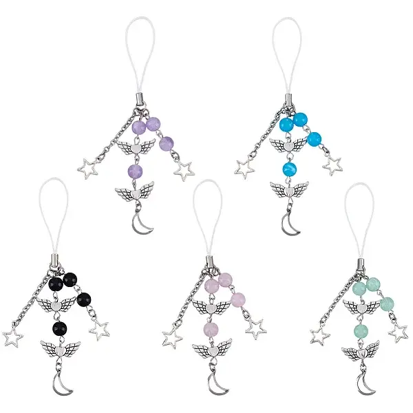 5Pcs 5 Colors Moon Star Heart Acrylic & Alloy & 304 Stainless Steel Mobile Straps