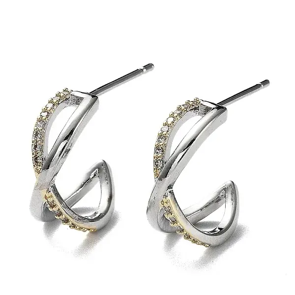 Two Tone Brass Micro Pave Clear Cubic Zirconia Criss Cross Stud Earrings