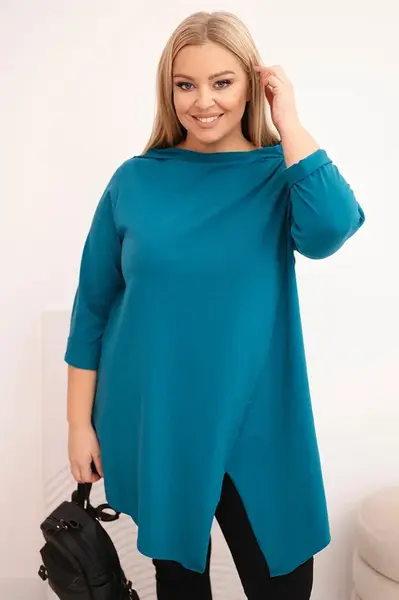 Kesi Dámska bavlnená blúzka Plus Size asymetrická s rolovaným rukávom morská