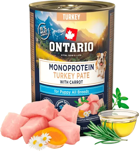Konzerva Ontario Puppy Monoprotein krůtí pate s mrkví 400g