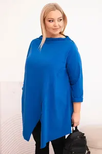 Kesi Dámská bavlněná blůza Plus Size asymetrická s ohrnutým rukávem chabrová