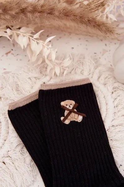 Černé pruhované ponožky s medvídkem