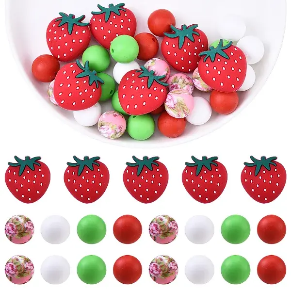 30Pcs Roumd & Strawberry Food Grade Eco-Friendly Silicone Focal Beads