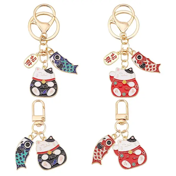 4Pcs 4 Styles Japanese Style Alloy Enamel Lucky Cat & Fish Pendant Keychain