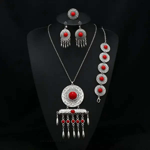 Flat Round Alloy with Resin Pendant Necklace & Stud Dangle Earring & Link Bracelet & Ring