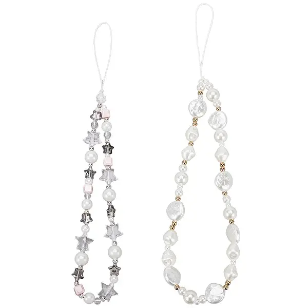 2Pcs 2 Styles Plastic Pearl & Resin & Glass Mobile Straps