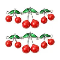 2Pcs Brass Red and Green Enamel Cherry Connector Charms
