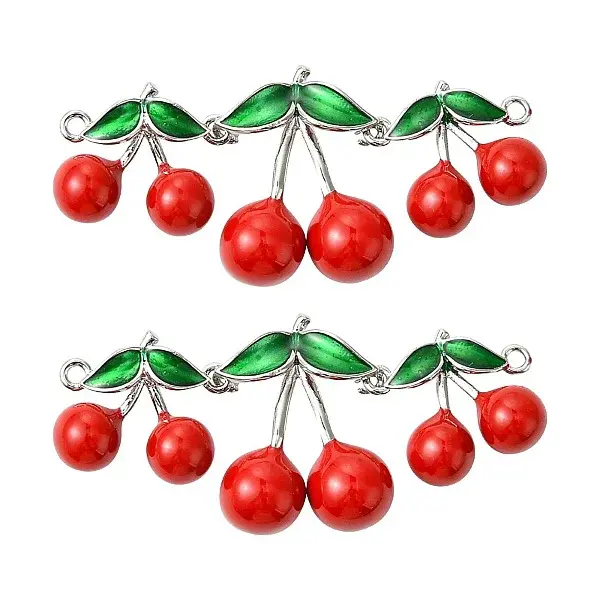 2Pcs Brass Red and Green Enamel Cherry Connector Charms