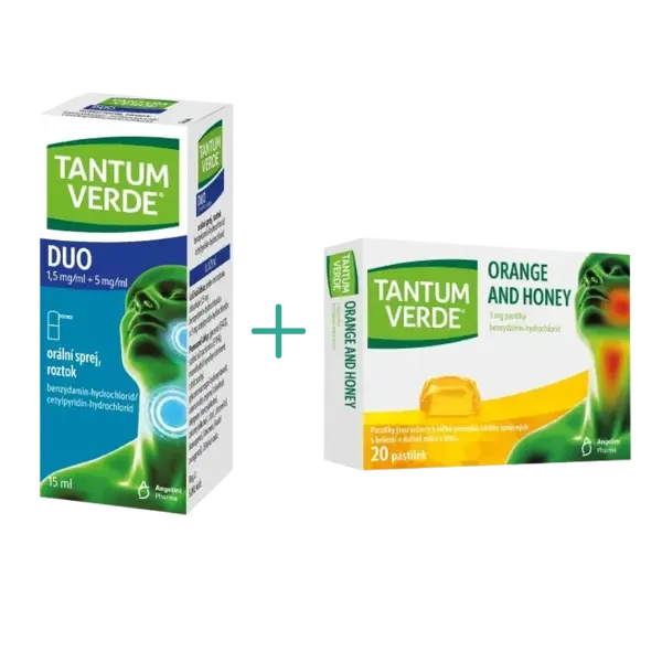 TANTUM VERDE DUO 1,5 mg/ml + 5 mg/ml orální sprej, roztok 15 ml a Tantum Verde Orange and Honey 3 mg 20 pastilek