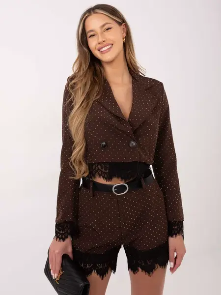 Hnedý bodkovaný komplet s čipkou