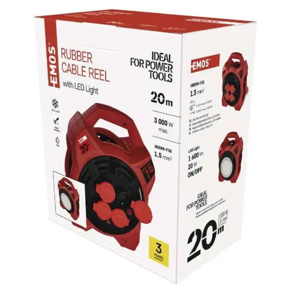 Kabel prodlužovací, buben 4Z s LED reflektorem 20m / 230V, 4 zásuvky, guma