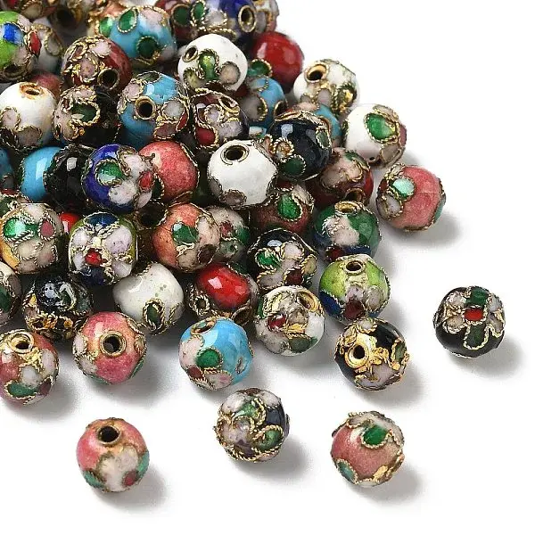 Vintage Handmade Round with Flower Pattern Cloisonne Beads