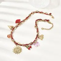 304 Stainless Steel Sun Heart Bees Red Enamel Lip Cherry Pendant Dark Red Cord Necklaces for Women