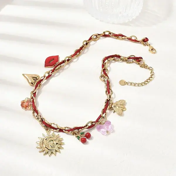 304 Stainless Steel Sun Heart Bees Red Enamel Lip Cherry Pendant Dark Red Cord Necklaces for Women