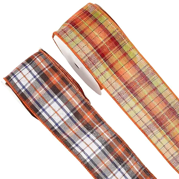2 Rolls 2 Colors Tartan Pattern Polyester Ribbon