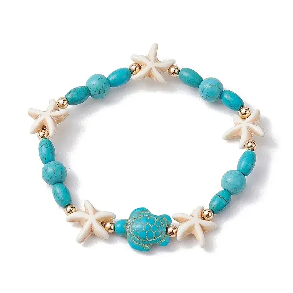 Turtle & Starfish Synthetic Turquoise Beaded Stretch Bracelet