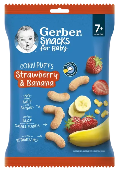 GERBER Snacks kukuřičné křupky jahoda a banán 28 g