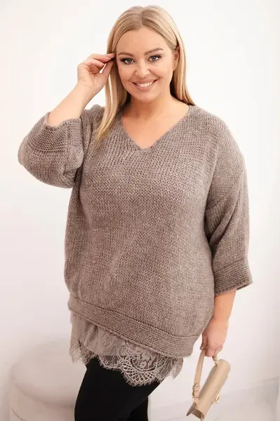 Kesi Włoski Dámská souprava svetr s V výstřihem a viskózová blůza s krajkovým spodkem fango