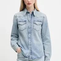 Džínová košile Tommy Jeans dámská, modrá barva, regular, s klasickým límcem, DW0DW21416