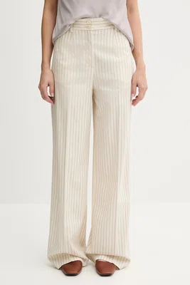 Kalhoty s příměsí lnu Sisley dámské, béžová barva, široké, high waist, 45ICLF06W